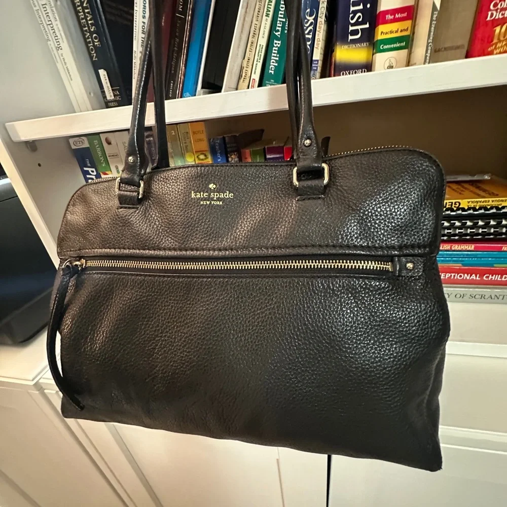 kate spade Black Pebbled Leather Laptop Tote with Front Zip Pocket